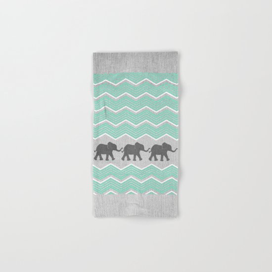 Three Elephants - Teal and White Chevron on Grey Hand & Bath Towel