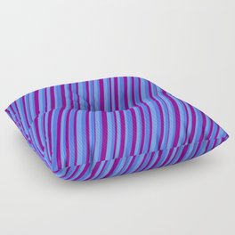 [ Thumbnail: Cornflower Blue, Royal Blue & Purple Colored Pattern of Stripes Floor Pillow ]