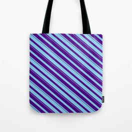 [ Thumbnail: Sky Blue & Indigo Colored Striped Pattern Tote Bag ]