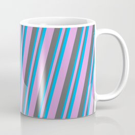 [ Thumbnail: Plum, Dim Gray, and Deep Sky Blue Colored Striped Pattern Coffee Mug ]