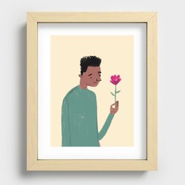 African American Boy in Green Shirt looking at pink flower Recessed Framed Print