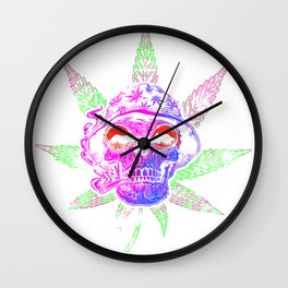 Marijuana Leaf Weed Smoking Skull with a Bucket Hat Wall Clock