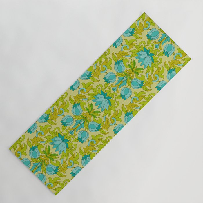 Turquoise and Green Leaves 1960s Retro Vintage Pattern Yoga Mat