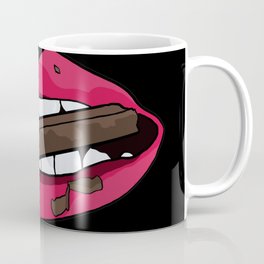 Red lips biting chocolate bar, chocolate love - black background Coffee Mug