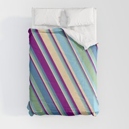 [ Thumbnail: Eyecatching Blue, Dark Sea Green, Sky Blue, Beige, and Purple Colored Lines Pattern Comforter ]