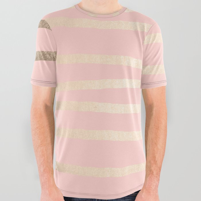 Abstract Drawn Stripes Gold Coral Light Pink All Over Graphic Tee