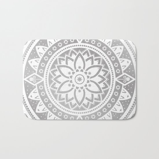 Silver & White Patterned Flower Mandala Bath Mat
