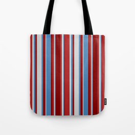 [ Thumbnail: Blue, Light Gray, Red, and Maroon Colored Pattern of Stripes Tote Bag ]
