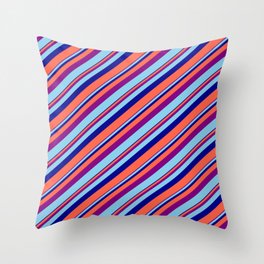 [ Thumbnail: Purple, Sky Blue, Dark Blue, and Red Colored Lines/Stripes Pattern Throw Pillow ]