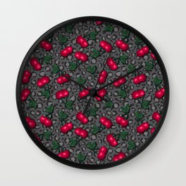 Rockabilly Cherries on Leopard Print | Darker Grey Background Wall Clock