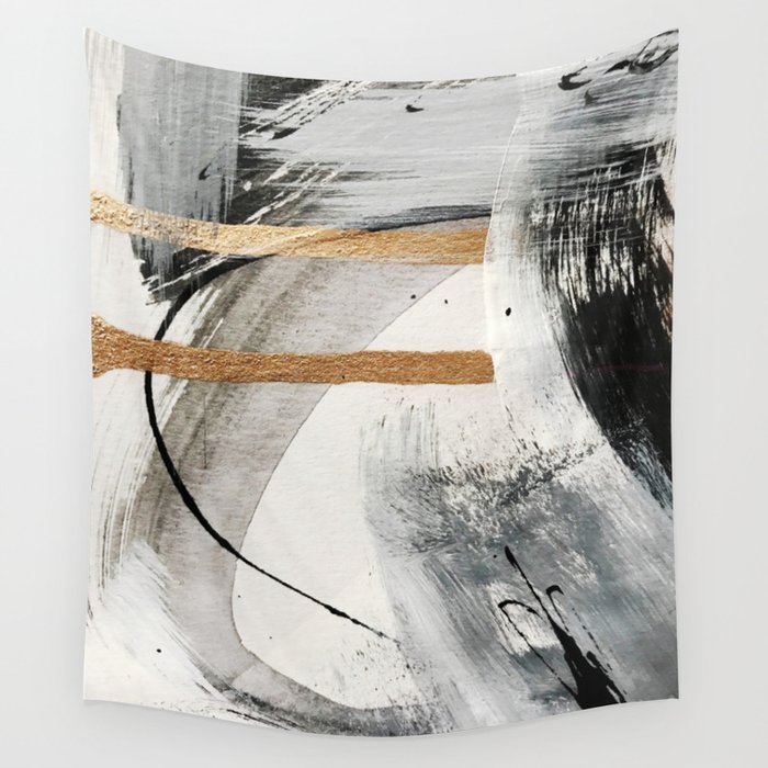 Armor [7]: a bold minimal abstract mixed media piece in gold, black and white Wall Tapestry