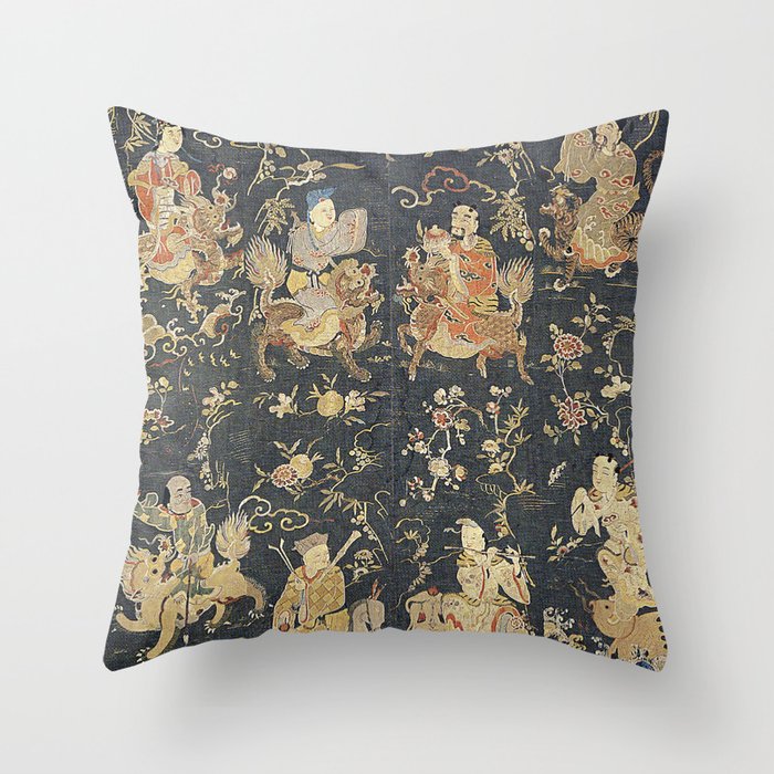 Distressed Gray Chinese Quing Dynasty Chinoiserie Embroidered Silk Throw Pillow