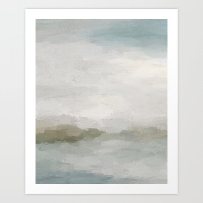 Break in the Weather III - Gray Clouds Sunrise Sage Green Blue Ocean Horizon Abstract Water Painting Art Print