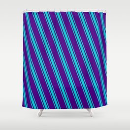 [ Thumbnail: Indigo and Dark Turquoise Colored Striped/Lined Pattern Shower Curtain ]