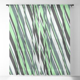 [ Thumbnail: Dark Slate Gray, Green, Black & Mint Cream Colored Stripes/Lines Pattern Sheer Curtain ]