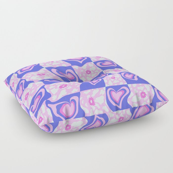 Swirled Retro Hearts and Checkers Floor Pillow