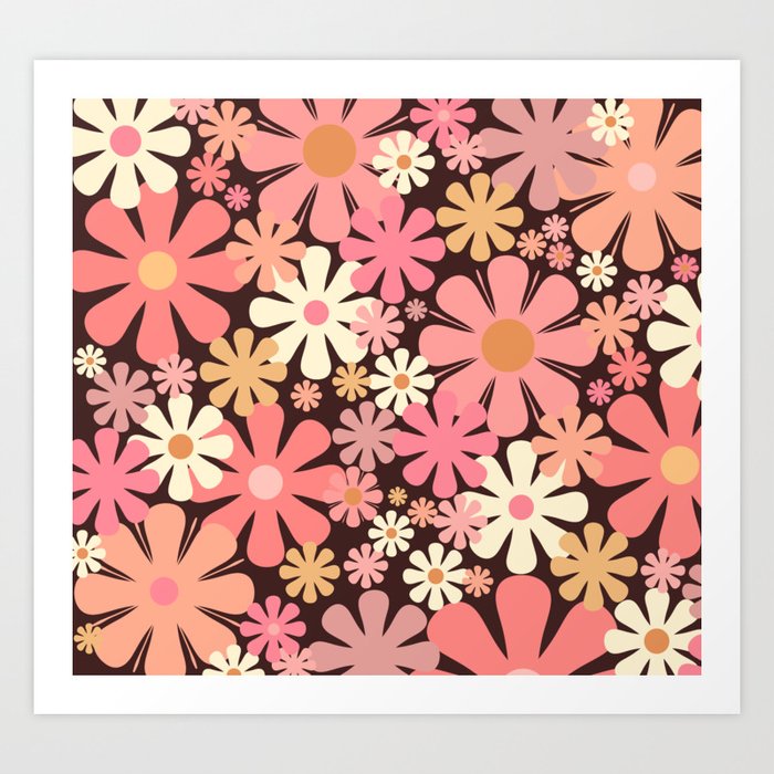 Vintage 60s 70s Floral Pattern in Blush Pink and Brown Art Print by