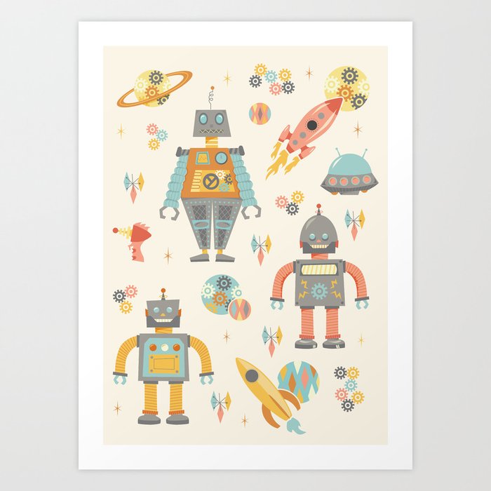 Vintage Inspired Robots in Space Art Print