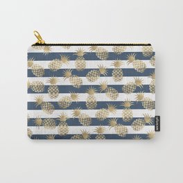 Modern nautical navy blue stripes faux gold pineapple Carry-All Pouch