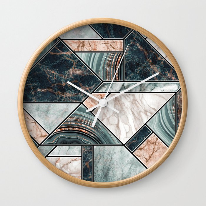 Art Deco Teal + Rose Gold Abstract Marble Geometry Wall Clock
