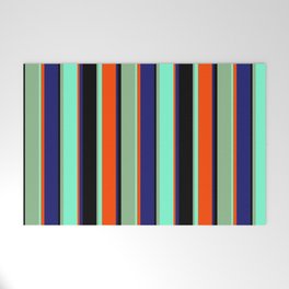 [ Thumbnail: Vibrant Black, Dark Sea Green, Aquamarine, Red, and Midnight Blue Colored Pattern of Stripes Welcome Mat ]