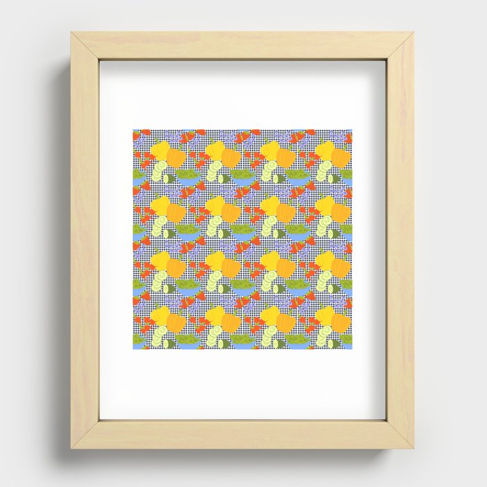 Retro Kitchen Fruits And Vegetables Navy Blue Dots Recessed Framed Print