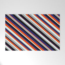 [ Thumbnail: Eye-catching Red, Light Cyan, Dark Grey, Black, and Midnight Blue Colored Stripes Pattern Welcome Mat ]