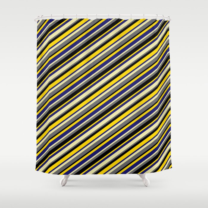Eyecatching Pale Goldenrod, Dim Grey, Black, Yellow & Midnight Blue Colored Stripes/Lines Pattern Shower Curtain