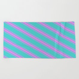[ Thumbnail: Turquoise & Violet Colored Lined/Striped Pattern Beach Towel ]