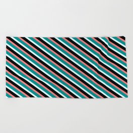 [ Thumbnail: Light Coral, Dark Cyan, Light Cyan, and Black Colored Lined/Striped Pattern Beach Towel ]
