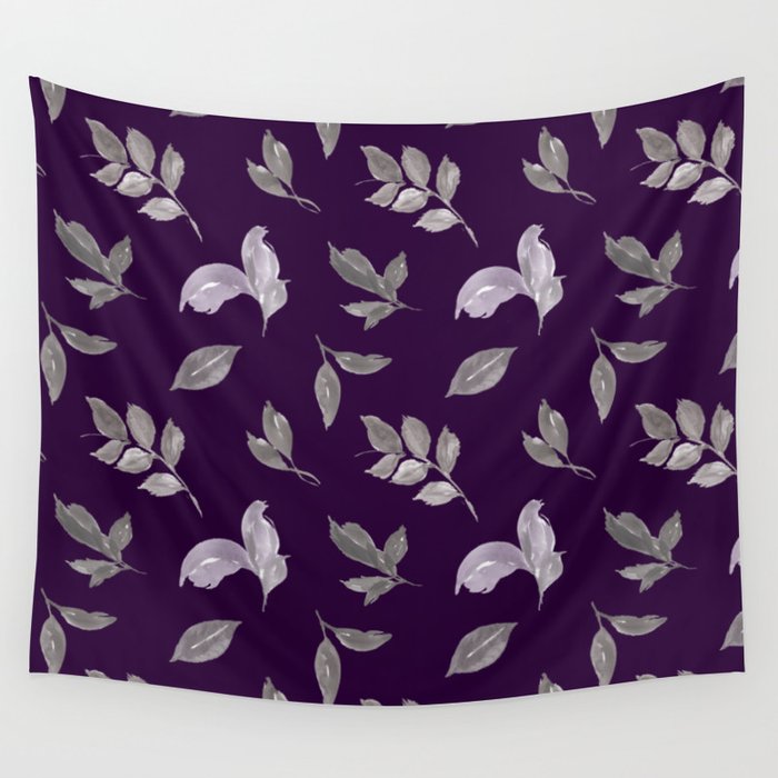 Autumn fall dark purple plum and grey falling leaves pattern Wall Tapestry