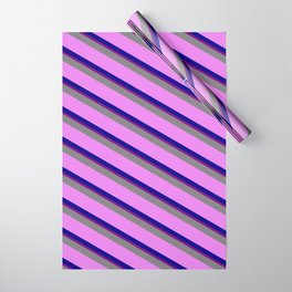 [ Thumbnail: Grey, Violet, Dark Blue & Purple Colored Lined Pattern Wrapping Paper ]