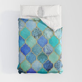 Cobalt Blue, Aqua & Gold Decorative Moroccan Tile Pattern Duvet Cover