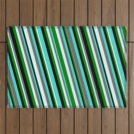 [ Thumbnail: Eyecatching Turquoise, Dim Grey, Light Cyan, Green & Black Colored Striped Pattern Outdoor Rug ]