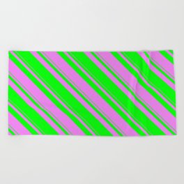 [ Thumbnail: Violet and Lime Colored Stripes Pattern Beach Towel ]