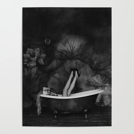 Wellness; blond in high heel pumps reading in bathtub in Greenwich Village female fashion glamour portrait black and white photograph - photography - photographs Poster