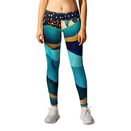 Indigo Desert Night Leggings | Contemporary, Graphicdesign, Abstract, Blue, Landscape, Cactus, Nature, Navy, Gold, Curated 