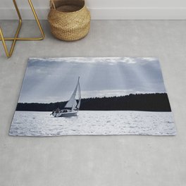 Blue melancholy lake view Rug | Sailing, Landscape, Cloud, Cloudy, Waterscape, Nostalgia, Photo, Poland, Sadness, Sunbeam 