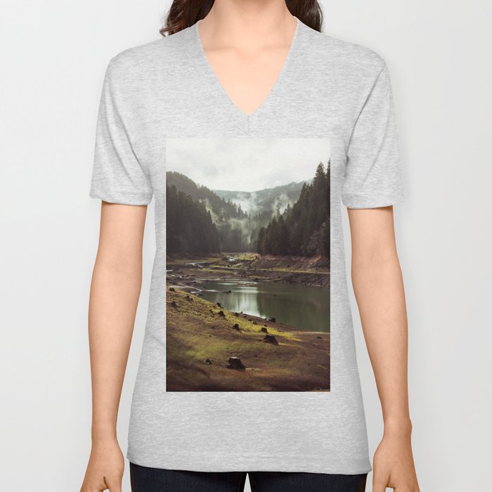 Foggy Forest Creek V Neck T Shirt