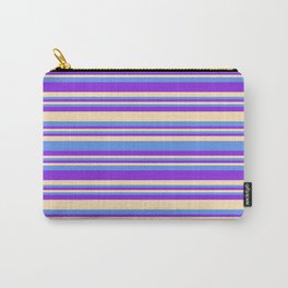 [ Thumbnail: Purple, Beige, and Cornflower Blue Colored Striped/Lined Pattern Carry-All Pouch ]