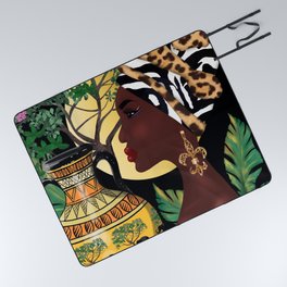 African woman,vase ,fashion art ,black background ,beautiful earrings. Picnic Blanket