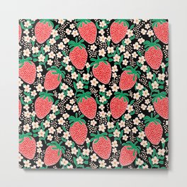 Strawberry fields pattern  Metal Print | Popular, Cottagecore, Daisy, Flowers, Fruit, Graphicdesign, Summersday, Flowersandfruit, Bohoprint, Pattern 