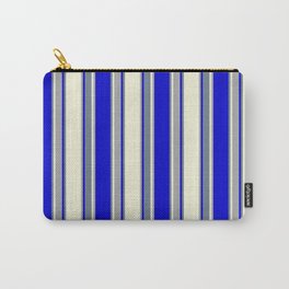 [ Thumbnail: Beige, Dark Grey, Blue, and Slate Gray Colored Pattern of Stripes Carry-All Pouch ]