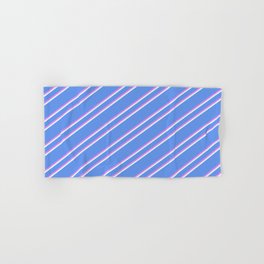 [ Thumbnail: Cornflower Blue, Violet, and Light Cyan Colored Lined Pattern Hand & Bath Towel ]