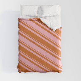 [ Thumbnail: Light Pink & Chocolate Colored Striped Pattern Duvet Cover ]