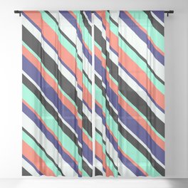 [ Thumbnail: Aquamarine, Red, Midnight Blue, Mint Cream, and Black Colored Striped Pattern Sheer Curtain ]