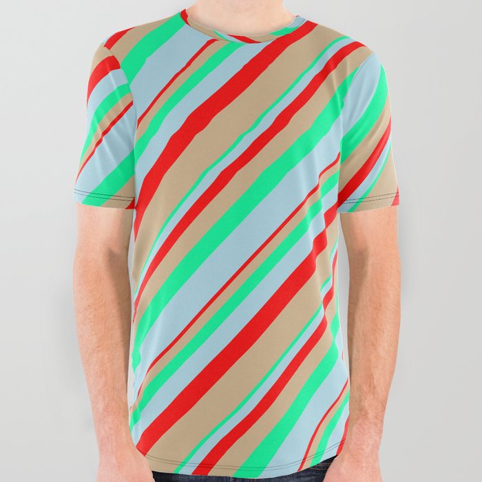 Red, Tan, Green, and Light Blue Colored Lines Pattern All Over Graphic Tee