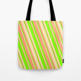 [ Thumbnail: Beige, Light Salmon & Chartreuse Colored Stripes Pattern Tote Bag ]