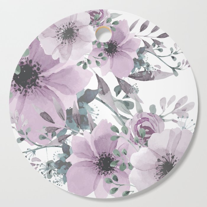 Floral Watercolor, Purple and Gray Cutting Board