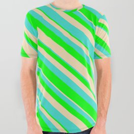 [ Thumbnail: Turquoise, Lime & Tan Colored Lined Pattern All Over Graphic Tee ]